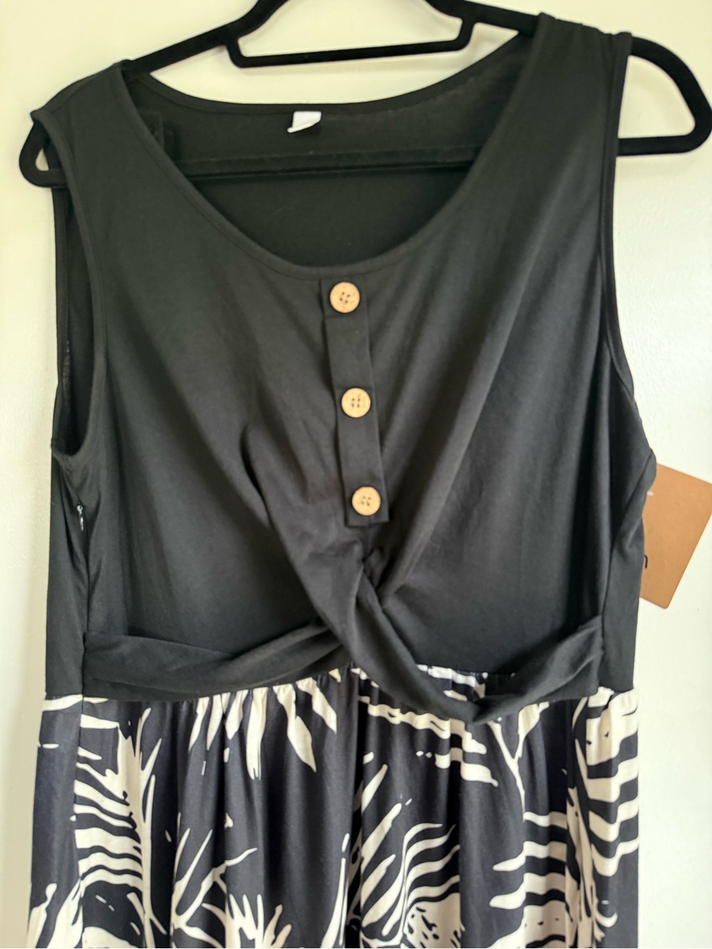 Sleeveless Black Dress with Cream Tropical Print Skirt - Picture 2 of 5